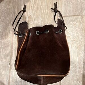 Brown Suede Leather Bucket Bag Purse | Drawstrings | Europe (Germany) | 8” x 11”